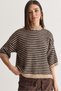 Women's Beige-Brown Striped Crew Neck Half Sleeve Shirred Oversize Knitwear Sweater 5282 60286698