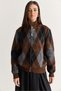 Women's Bitter Brown Diamond Patterned High Collar Zippered Shawl Collar Knitwear Cardigan 5243 60286702 - 3