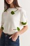 Women's Ecru-Green Floral Appliqué Crew Neck Short Sleeve Crop Knitwear Sweater 5391 60286714 - 5