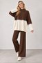 Women's Brown Lace Detailed Comfortable Fit Half Turtleneck Wide Leg Bottom Top Two-Piece Knitwear Set - 2