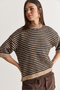 Women's Beige-Brown Striped Crew Neck Half Sleeve Shirred Oversize Knitwear Sweater 5282 60286698 - 5