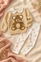 Girl's Teddy Bear Embroidered Baby Collar Knitwear Sweatshirt and Floral Patterned Leggings 2-Piece Set