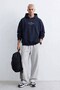 Men's Hooded Drawstring Embossed Printed Sweatshirt - Navy Blue - 2