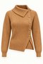 Women's Camel Asymmetrical Collar Side Buttoned Ribbed Knit Sweater