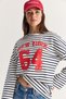 Women's Ecru-Navy Blue New York 64 Printed Striped Crew Neck Oversize Sweatshirt 36074 60286739