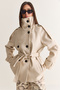 Women's Cream Stand Collar Belted Double Breasted Buttoned Lined Pocket Detailed Cashmere Coat 5295 60286751 - 4
