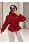 Red Suede Stand Collar Belted Drawstring Leather Jacket - 2