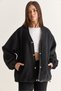 Women's Black V-Neck Snap Button Lined Pocket Detailed Oversize Cashmere Jacket 60710 60286749