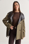 Women's Khaki Plaid Patterned Leather Garnished High Collar Belted Lined Trench Coat 2365 60286757 - 3