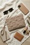 Suede Star Embroidered Portfolio Handbag with Wrist Strap Lined Suede Clutch Bag - 4