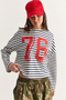 Women's Ecru-Navy Blue 76 Printed Striped Crew Neck Oversize Modal Sweatshirt 36073 60286738