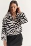Women's Ecru-Black Suede Zebra Patterned High Collar Lined Pocket Detailed Rubber Bomber Jacket 5543 60286754 - 4