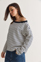 Women's Ecru-Navy Blue Striped Boat Neck Off-Shoulder Oversize Long Sleeve Sweatshirt 0490 60286741 - 3