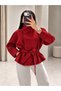 Red Suede Stand Collar Belted Drawstring Leather Jacket - 6