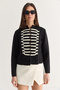 Women's Black Napoleon Model Piping Detailed Metal Buttoned Stand Collar Knitwear Cardigan 9116 60286736 - 2