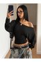 Black Bat Sleeve Asymmetrical Neckline Off-Shoulder Crop Blouse
