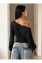 Black Bat Sleeve Asymmetrical Neckline Off-Shoulder Crop Blouse - 2