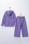 Hooded Wide Cuff Slogan Printed Leather Emblem Sweatshirt/Sweatpants 3 Thread Fleece-Lined Ribbed Set - 4