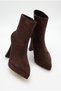 Women's Platform Heeled Pointed-Toe Front-Stitched Zippered Brown Suede Boots (12 cm Heel) - 3