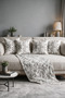 Gray Floral Patterned Double-Sided Printed Suede 5-Piece Living Room Set - 4 Cushion Covers 43X43 cm + Runner 140X40 cm - 8