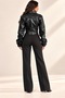 Women's Cropped Leather Jacket - Black New Season Corset Detail - 5