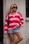 Women's Red Pink Striped Polo Lapel Half Oversize Drop Shoulder Sweater Knitwear