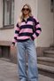 Women's Navy Blue Pink Striped Polo Lapel Half Oversize Drop Shoulder Sweater Knitwear - 2
