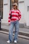 Women's Red Pink Striped Polo Lapel Half Oversize Drop Shoulder Sweater Knitwear - 2