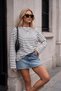 Women's white black wide sleeve thin striped two thread oversize sweatshirt
