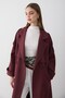 Women's Burgundy Double-Breasted Collar Belted Long Trench Coat - 3