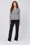 Women's Gray V-Neck Zippered Half Turtleneck Long Sleeve Ribbed Blouse