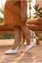Women's White Patent Leather Pointed Toe High Heeled Shoes with Noble Gold Accessories - 5