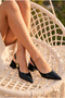 Women's Black Patent Leather Pointed Toe Low Heel Shoes with Noble Gold Accessories