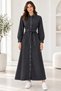 Women's Black Denim Maxi Shirt Dress Long Sleeve Shirt Collar Belted Snap Button Long Hijab Seasonal Dress - 5