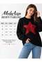 Black Crew Neck Star Patterned Oversized Women's Knitwear Sweater - 7