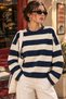 Women's Navy Blue Yellow Striped Crew Neck Long Sleeve Oversize Sweatshirt - 4