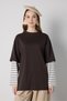 Women's Brown Crew Neck Double Layer Sleeves Striped Oversize T-Shirt 32100 - 2
