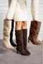 Women's Suede Boots with Gathered Bellows, Thin Heels, Pointed Toe, Below the Knee, Stylish Boots - 3