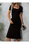 Women's Short Sleeve Square Collar Rope Detailed Janjan Crepe Dress - 4
