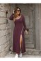 Women's Long Sleeve Round Neck Slit Long Viscose Two-Thread Dress - 2