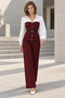 Perfect Match! Women's Burgundy and White Buttoned Belted Blouse and Wide-Legged Trousers Two-Piece Set