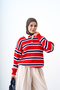 Women's Half Button Detail Thick Striped Knitwear Sweater Red - 2