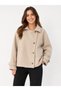 Women's Oversize Beige Color Short Cashmere Coat with Button Detail - 5