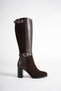 Women's Genuine Leather and Suede Detailed Double Belt Buckle Heeled Boots - Brown - 3