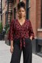Women's Three Quarter Sleeves V-Neck Leopard Patterned Front Buttoned Waist Tie Belted Micro Blouse Casual Comfortable Stylish Blouse - 2