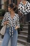 Women's Three Quarter Sleeves V-Neck Leopard Patterned Front Buttoned Waist Tie Belted Micro Blouse Casual Comfortable Stylish Blouse
