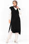 Women's Sleeveless V-Neck Woven Detailed Double Pockets Soft Textured Slit Detailed Comfortable Stylish Casual Black Knitwear Long Sweater Salopet - 2