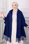 Tassel Detailed Sleeved Knitwear Poncho Navy Blue