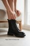 Women's Black Leather 15cm Ankle Length 3cm Thick Sole Lace-Up Zippered Boots