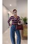 Belliza Navy Blue Red Striped Blouse - 2